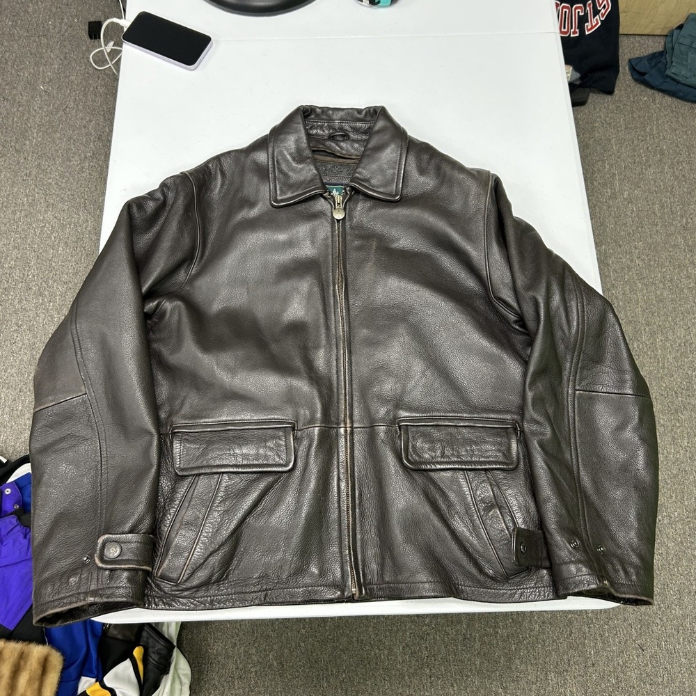 Rainforest Leather Bomber Jacket Mens M Brown Full Zip Flap Pockets Lined